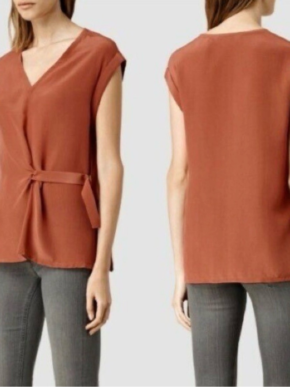 AllSaints Kita Silk Rust Tie-Detail V-Neck Blouse